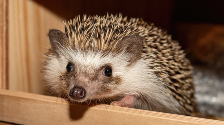 This close-up image showcases a cute hedgehog with its distinctive spiky fur, relaxing in a cozy wooden habitat, highlighting its adorable features.の素材