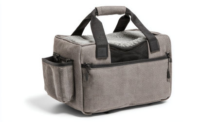 This stylish grey pet carrier bag is perfect for travel and outdoor adventures, offering comfort and convenience for your furry friends on the go.の素材