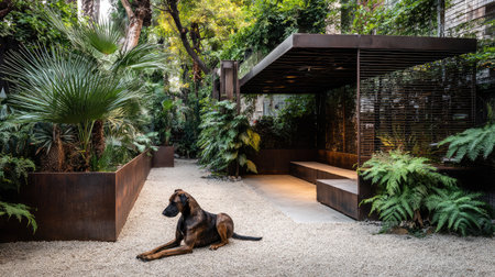 A peaceful garden scene featuring a brown dog lying on a gravel path surrounded by lush greenery and modern structures, ideal for showcasing nature and design.の素材