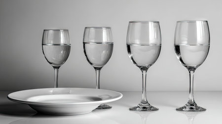A visually striking still life featuring four elegant wine glasses filled with water and a white plate in a minimalist setting, highlighting transparency and simplicity.の素材