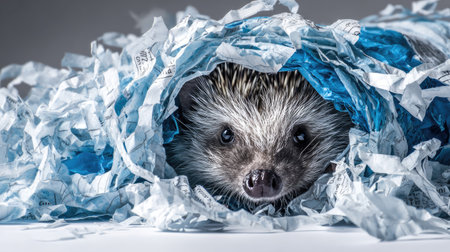 An adorable hedgehog peeks out from a cozy nest of shredded blue paper, showcasing its charming features in an intimate, serene setting. Perfect for nature lovers.の素材