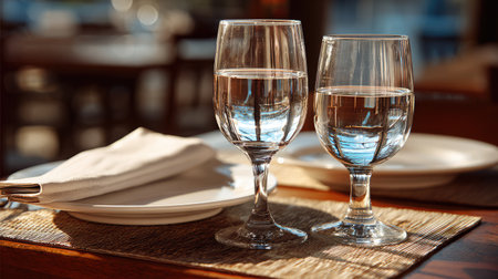 Two elegant glasses filled with clear water sit on a wooden table, basking in warm sunlight, inviting relaxation and enjoyment in a cozy restaurant setting.の素材