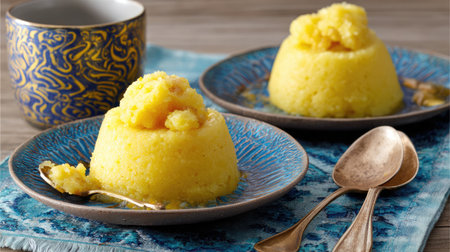 This image showcases a delightful creamy dessert served on stylish plates with golden spoons and an elegant decorative cup, perfect for culinary inspiration.の素材