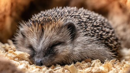 This charming image captures a hedgehog nestled in soft bedding, peacefully sleeping. Its unique spiny fur and endearing expression bring a sense of calm and tranquility, perfect for wildlife enthusiasts and animal lovers.の素材