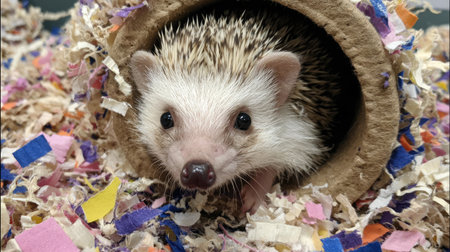 A delightful hedgehog peeks from a cardboard tube, surrounded by vibrant bedding in a cozy pet habitat, showcasing its adorable features and playful spirit.の素材