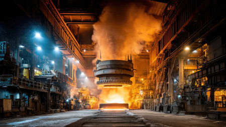 Dramatic scene of molten metal being poured from a large furnace in a steel production facility, showcasing advanced industrial machinery and processes.の素材