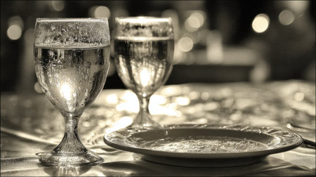 Close-up view of two elegant glasses filled with water, showcasing bubbles and condensation against a beautifully set table, creating a warm dining atmosphere.の素材