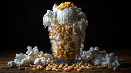 An appetizing dessert featuring creamy ice cream topped with crunchy pine nuts in a glass. Surrounded by fluffy popcorn, this elegant treat is perfect for any occasion.の素材