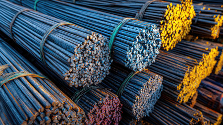 This image showcases meticulously arranged steel rebar bundles, emphasizing their texture and strong metallic structure, essential for construction and infrastructure projects.の素材
