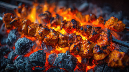 Savory chicken skewers cooked over glowing charcoal, releasing aromatic smoke and flames. Ideal for outdoor gatherings, barbecues, or summer feasts.の素材