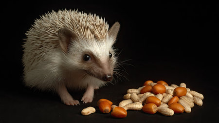 This charming photograph features an adorable hedgehog curiously exploring a pile of acorns and peanuts against a sleek black background. The image captures the unique texture of its quills and its expressive features, showcasing the delightful character of this small mammal in a striking composition.の素材