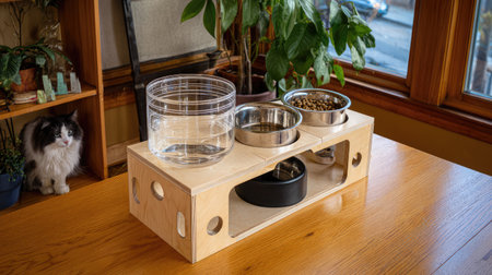 A modern pet feeding station featuring a sleek wooden design with multiple stainless steel bowls, ideal for cats and dogs. This stylish piece enhances your home dの素材
