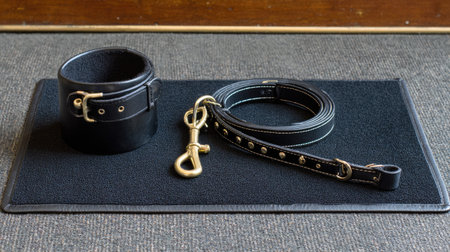 A stylish black leather dog collar and leash set arranged on a dark textured surface, perfect for pet lovers seeking quality accessories for their dogs.の素材