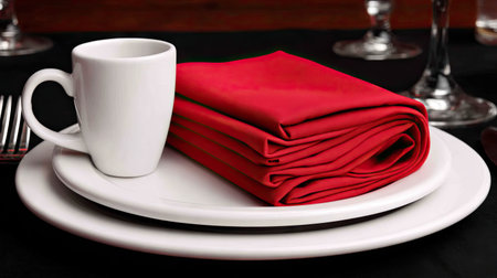 Discover an elegant table setting featuring a red napkin artfully folded on a white plate alongside a small espresso cup. Perfect for romantic dinners.の素材