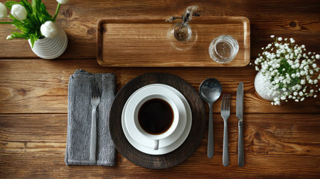 A beautifully arranged coffee setup featuring a white cup on a wooden table surrounded by flowers and tableware, creating a cozy and inviting atmosphere.の素材