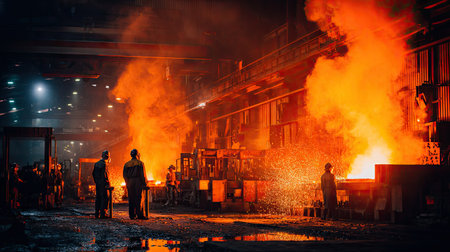 Captivating view of industrial steel production showcasing molten metal being poured in a dimly lit factory environment. Workers in safety gear observe the process as vibrant sparks fly, highlighting the dramatic atmosphere of manufacturing and craftsmanship.の素材