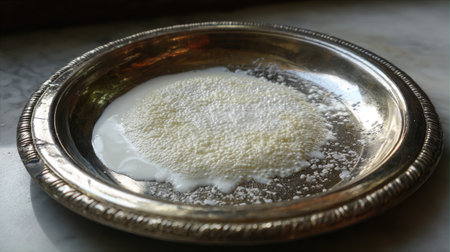 A tantalizing display of fresh cream and delicate dairy texture on a vintage silver plate, beautifully presented on a polished marble surface.の素材