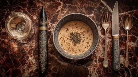 A beautifully arranged dining scene showcasing a bowl of creamy soup garnished with herbs, elegantly paired with silver cutlery and glass on a luxurious marble table.の素材
