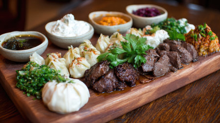 A beautifully arranged wooden platter showcasing a variety of traditional dishes, including meat and dumplings, garnished with fresh herbs and colorful sides.の素材