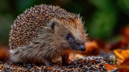 This charming hedgehog is seen foraging on the forest floor, surrounded by colorful autumn leaves. The detailed texture of its spines showcases nature's beauty.の素材