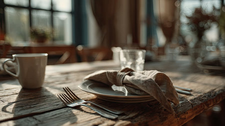 A cozy dining scene featuring rustic tableware, warm sunlight filtering through windows, and a relaxed atmosphere ideal for meals and gatherings.の素材