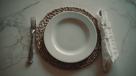 A simple yet elegant table setting featuring a white plate and fork placed on a woven placemat on a beautiful marble surface. Ideal for dining occasions.の素材