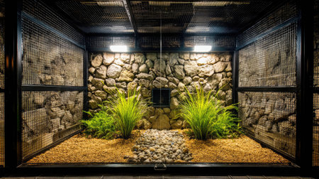 A visually appealing reptile or small animal habitat featuring stone walls, lush greenery, and subtle lighting, perfect for modern animal care setups.の素材