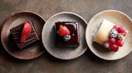 A visually appealing assortment of gourmet desserts elegantly presented on ceramic plates, featuring chocolate and fresh berries. Perfect for food photography.の素材