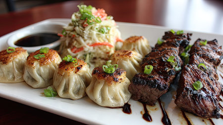 A tantalizing meal featuring grilled meat, soft dumplings, and a fresh cabbage salad. Perfect for food lovers seeking culinary delight in dining.の素材
