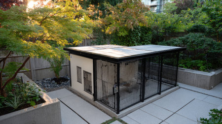 This modern outdoor pet enclosure offers a secure and stylish space for animals in a beautifully landscaped garden, combining safety with aesthetic appeal.の素材