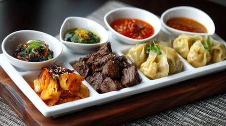 This image features a delectable assortment of traditional Asian dumplings accompanied by various flavorful sauces, perfect for any occasion.の素材