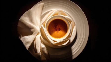 A beautifully arranged coffee cup sits on a white plate, surrounded by a soft cloth napkin, enhanced by gentle lighting, creating an inviting atmosphere.の素材