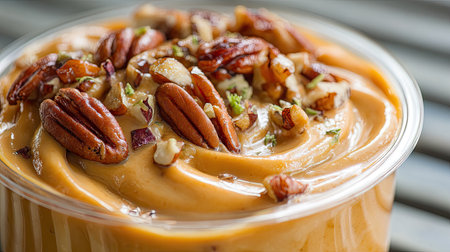 A delectable creamy pumpkin dessert adorned with toasted pecans and fresh herbs, beautifully served in a clear bowl on a wooden surface. Perfect for fall.の素材