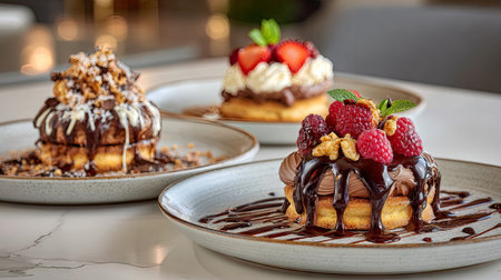 Experience a delightful assortment of desserts featuring rich chocolate, fresh raspberries, and fluffy whipped cream, elegantly presented on stylish plates.の素材