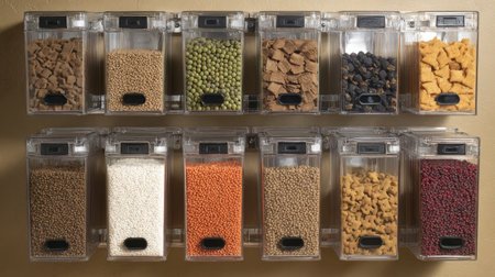 A visually appealing display of clear storage containers filled with an assortment of grains, legumes, and snacks. Ideal for kitchen organization and meal prep.の素材