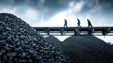A group of industrial workers walks carefully on a steel bridge above large piles of dark coal, set against a moody, cloud-filled sky, showcasing a powerful scene of labor.の素材