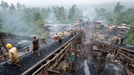 Aerial view of coal transportation along a conveyor belt with workers in a forested area, showcasing industrial activity amidst nature and challenges.の素材