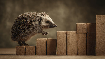 A charming hedgehog is climbing a series of wooden blocks in a cozy studio environment. The warm lighting enhances the texture and adventure of this adorable moment.の素材