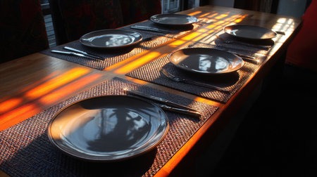 A beautifully arranged dining table with elegant plates, cutlery, and warm sunlight creating stunning shadows, perfect for any cozy meal setting.の素材