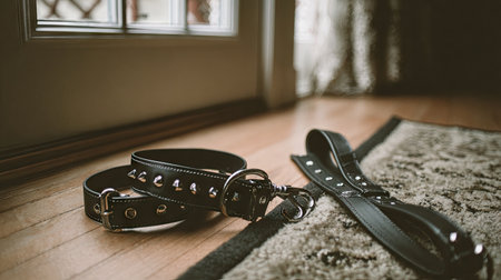 This image features a stylish black leather dog leash and collar resting on a wooden floor next to a cozy rug by a door, showcasing a warm and inviting indoor setting.の素材