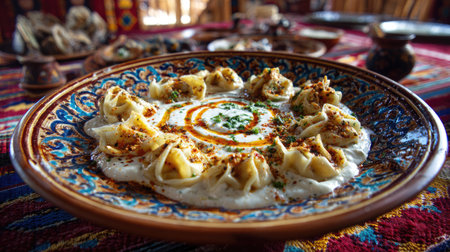 A beautifully arranged platter of traditional dumplings topped with creamy yogurt and spices, served on ornate tableware with vibrant colors.の素材