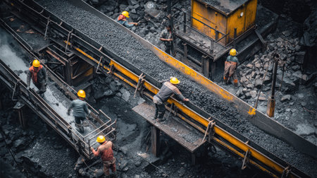 Aerial view of workers engaged in coal processing in an industrial mine, highlighting teamwork and safety measures with machinery in action.の素材