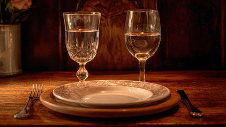This image features an elegant dinner table setting with sparkling glasses of water and fine china on a rustic wooden surface, perfect for intimate gatherings.の素材
