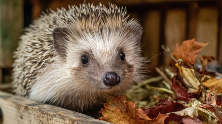 This captivating image features an adorable hedgehog nestled among colorful autumn leaves, showcasing its charming expression and natural habitat.の素材