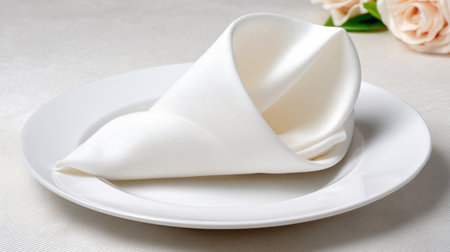 A pristine white napkin elegantly folded in a conical shape rests on a pristine dinner plate, creating a sophisticated dining atmosphere adorned with delicate floral accents.の素材