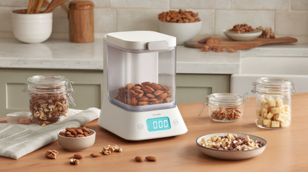 This image features a sleek kitchen scale designed for measuring nuts, with a digital interface and a clean aesthetic, perfect for culinary enthusiasts.の素材