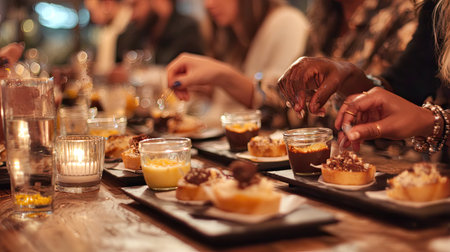 A captivating scene of friends enjoying gourmet desserts in a lively restaurant setting. Diverse hands share delicacies, creating a warm atmosphere of connection and joy.の素材