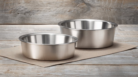 Two stainless steel bowls placed on a wooden surface with a rustic backdrop, perfect for kitchen use or food preparation in any dining setting.の素材