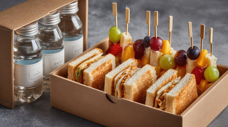 This eye-catching sandwich box features layered sandwiches paired with vibrant fruit skewers and refreshing bottled water, perfect for any event.の素材