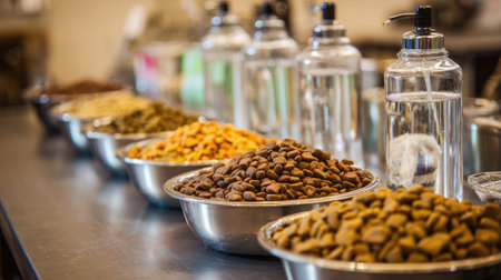 A visually appealing setup showcasing various types of dry pet food in bowls alongside clear containers of water, perfect for pet owners seeking nutritious options.の素材